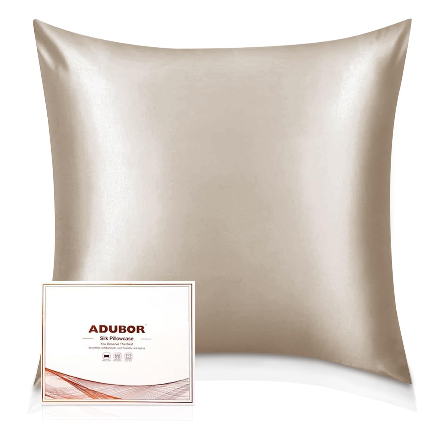 Taie d'oreiller en soie anti-frisottis Adubor 80x80 cm beige zippée