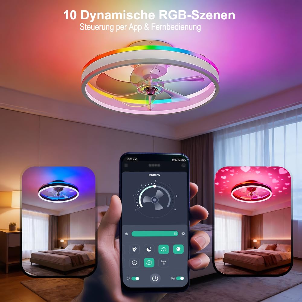 RGBCW-Deckenventilator mit Licht, 50CM Unterputz-Low-Profile-Smart-Ventilator-Licht-App und Fernbedienung, 6 Geschwindigkeiten umkehrbar, dimmbar RGB-Ambiente Deckenleuchte für Schlafzimmer Wohnzimmer