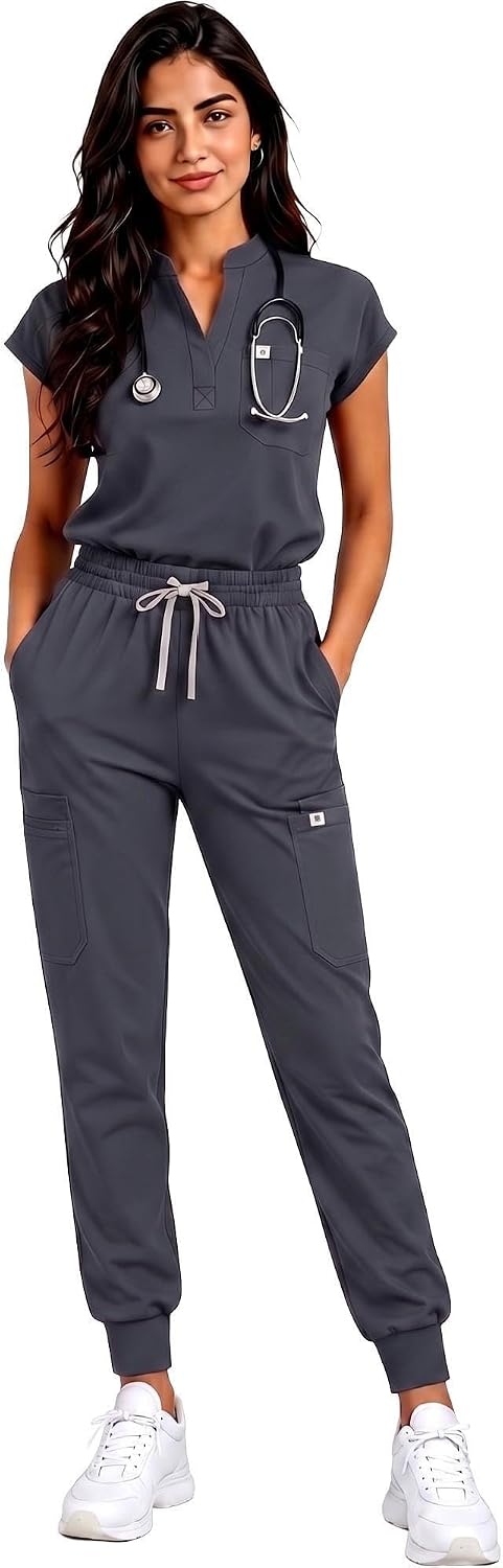 Women's Sleeveless Scrub Set, 11 Pockets, Stand Collar & Joggers