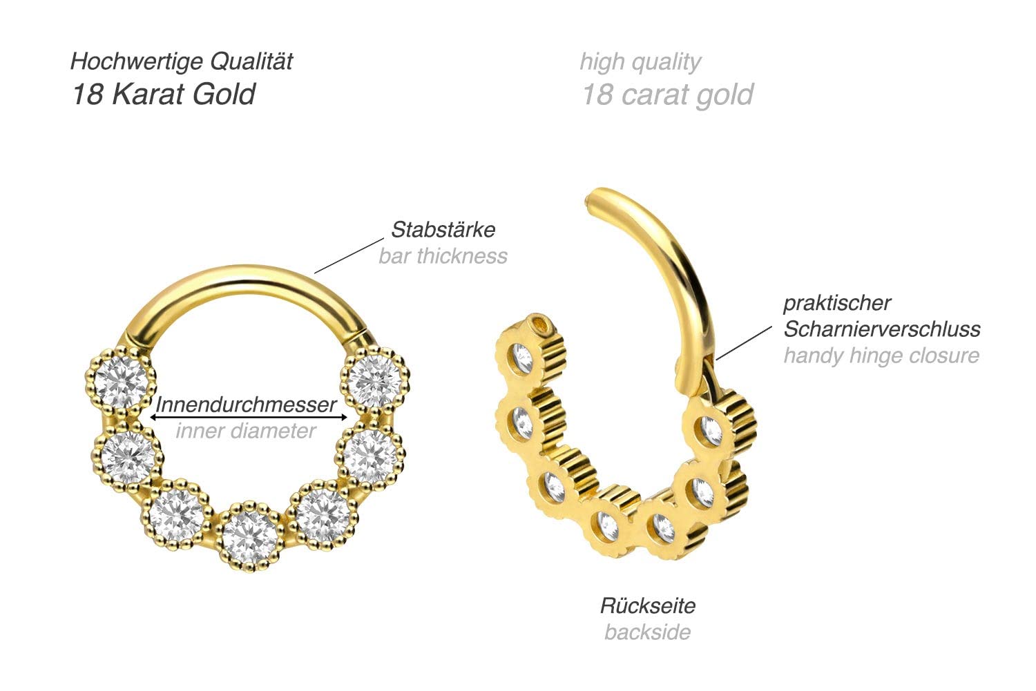 PIERCINGLINE 750er Gold Segmentring Clicker | 18 KARAT | 7 KRISTALLE | Piercing Ring Nase Septum Ohr Helix | Farbauswahl