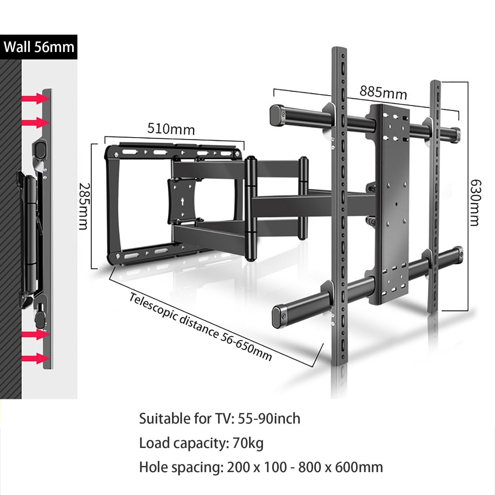 Soporte de pared articulado para TV para pantallas LED LCD planas y curvas, inclinable y giratorio con compatibilidad VESA de 800 x 600 mm