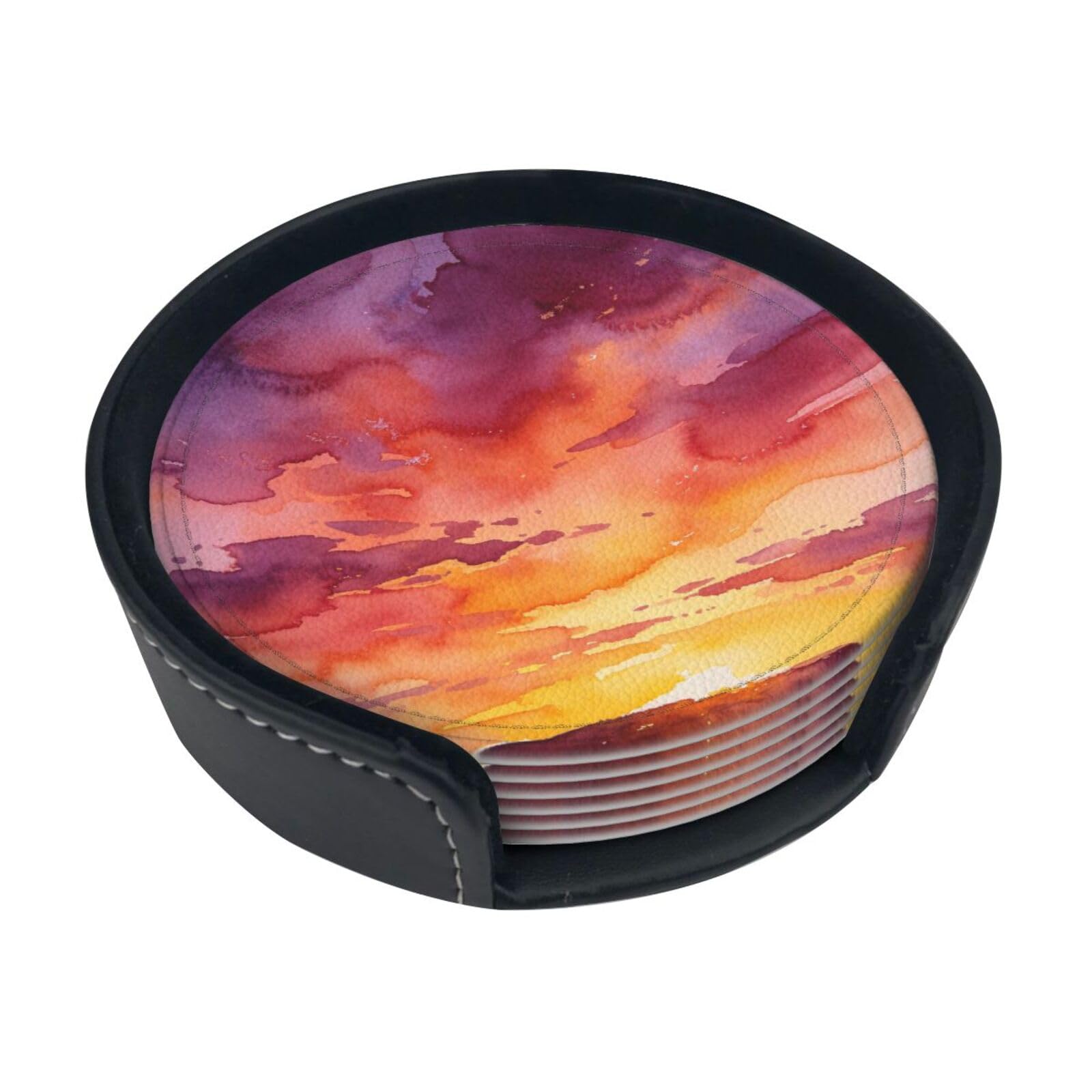 Evening Glow Leather Coasters-Set of 6 with Storage Holder