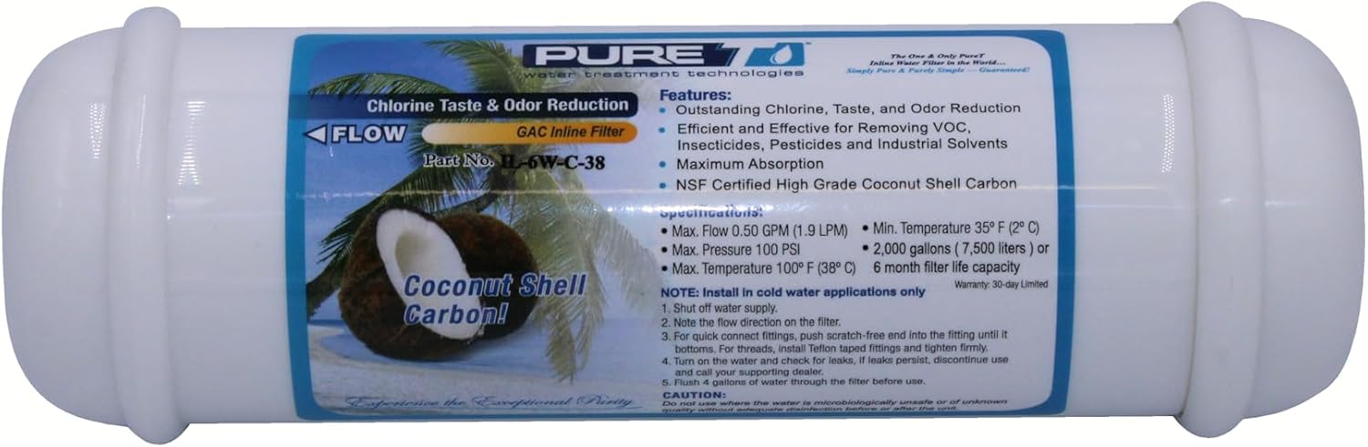 PureT Compact Inline Post-Carbon Filter 2"x6" with 3/8" NPT Threaded Connection - GAC Polishing Filter for RO Systems, Ice Makers & Refrigerators | NSF Certified | 700 Gallon Capacity | IL-6W-C-38