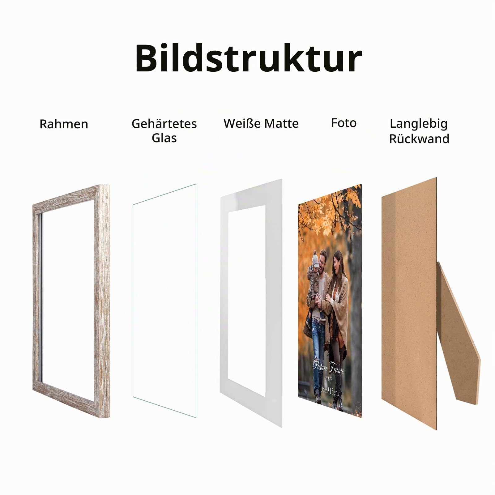 EYMPEU Bilderrahmen 10x15 CM 6er-Set, geeignet für 10x15 Bilder mit Passepartout oder 13x18 ohne Passepartout, für Wand und Tisch, Beige