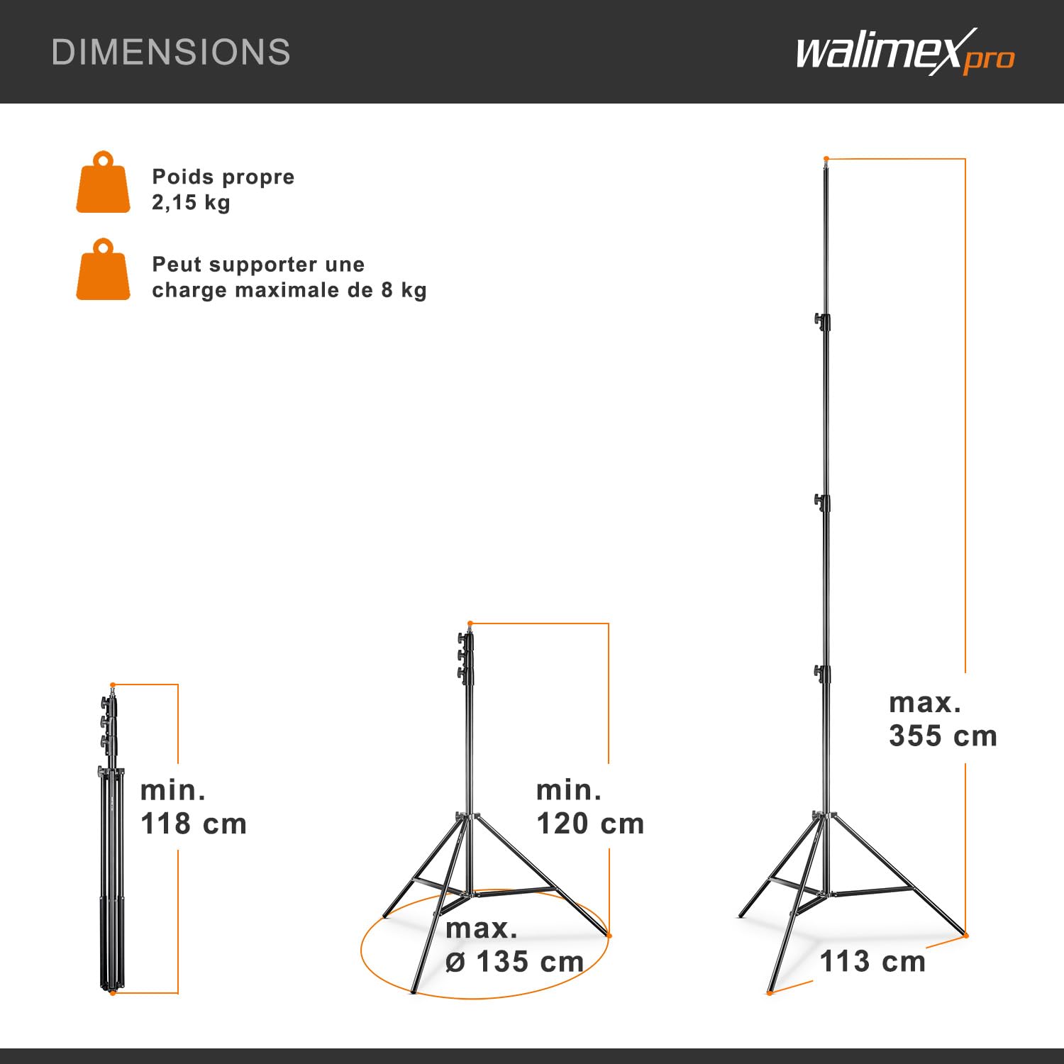 Walimex pro AIR 355 pied de lampe - avec suspension pneumatique, hauteur maximale 355 cm, capacité de charge de 8 kg, très haut et stable, aluminium, pour studio de photographie extérieur, noir