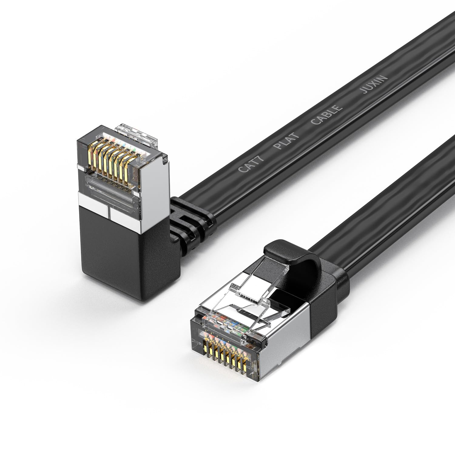 JUXINICE Right Angle CAT 7 Ethernet Cable 3FT,Up Angle 90 Degree Cat 7 RJ45 Network Connector 10Gbps 500MHz,Internet Cable Extender Patch Cords for
