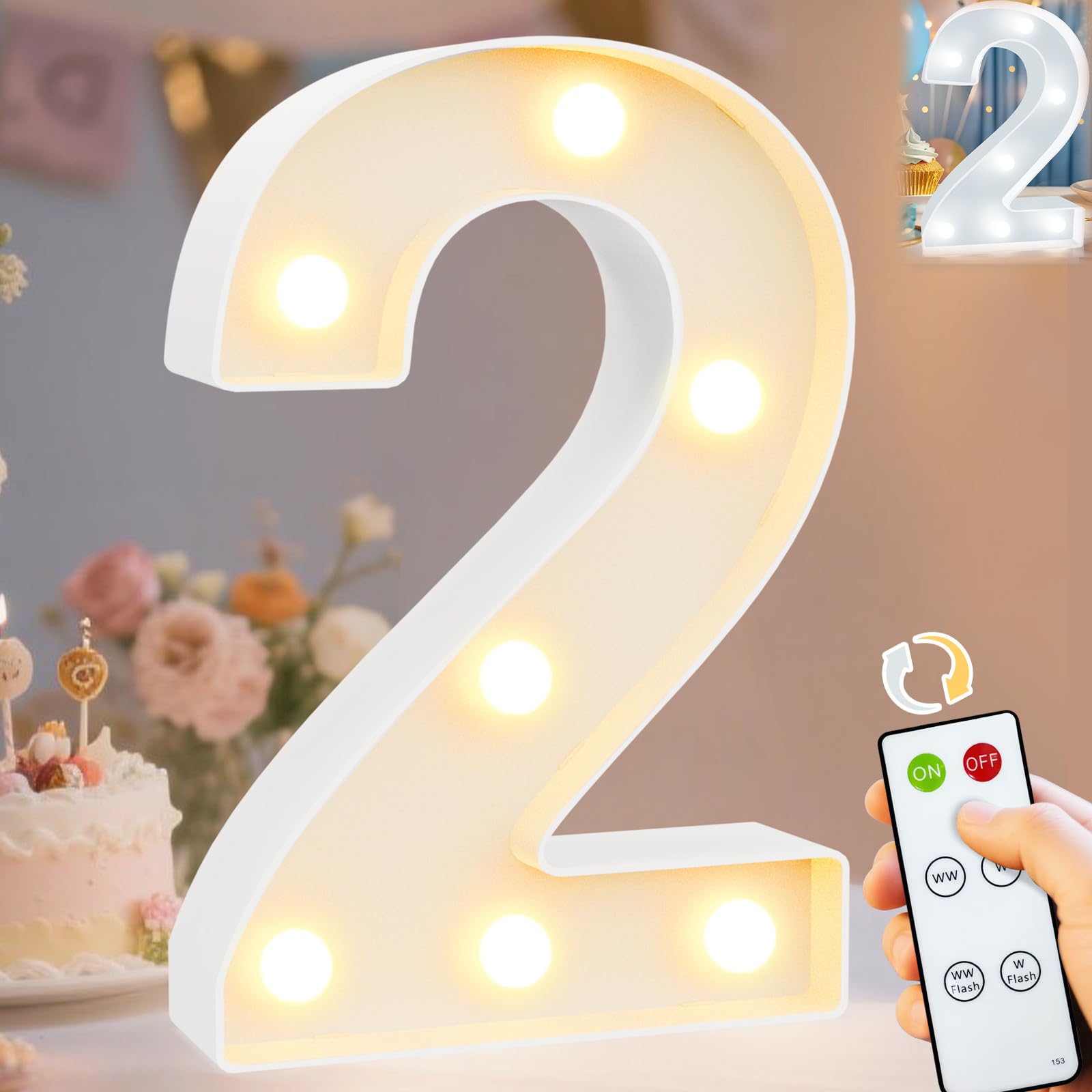 Pooqla LED Light Up Numbers, Marquee Number with Remote for 2nd Birthday Decoration, Lighted Numbers Gift for Boys Girls Party Backdrop Wedding Anniversary Decor, Warm White and Cool White Number 2