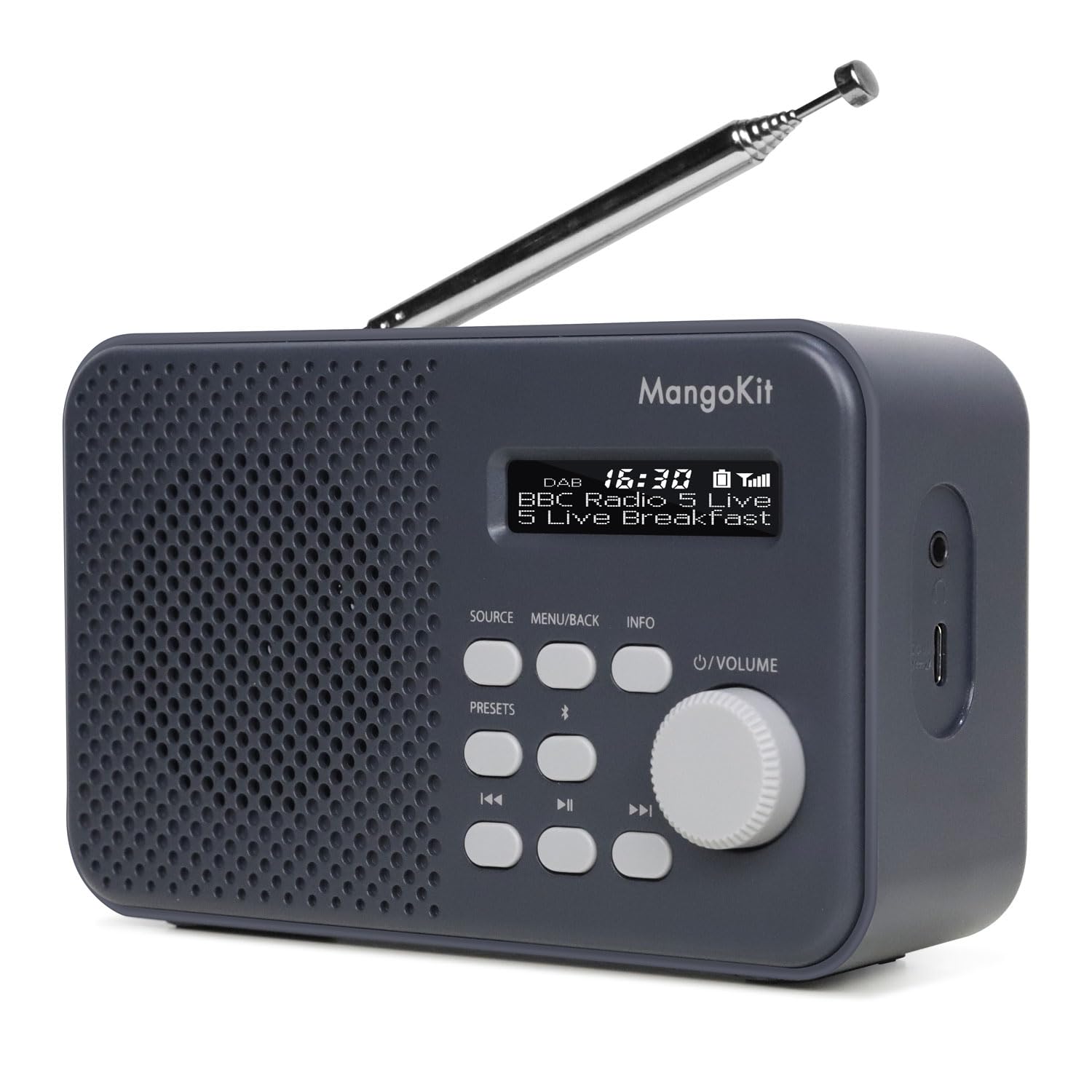 MangoKit MD1 Portable DAB, DAB+ Digital Radio and Kitchen FM, Personal Small DAB Radio, Allarme and Clock, 40 Presets Station, Headphones, Display LCD, batterie e Mains Powered – Grigio scuro