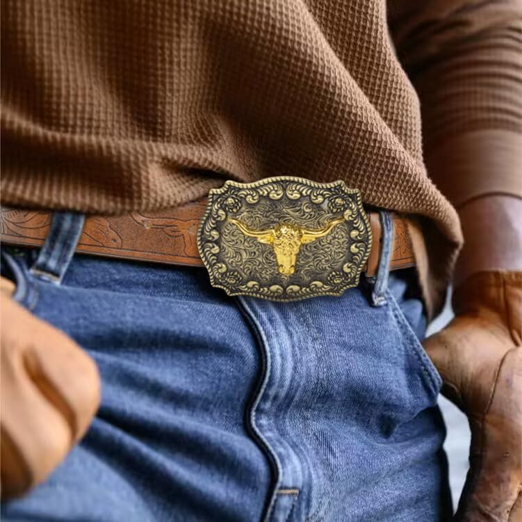 Miniatura 2 de INOGIH Cinturones con hebilla de cuero de vaquero occidental con cuerno largo, con grabado floral, hebilla para pantalones vaqueros, 33" a 42"
