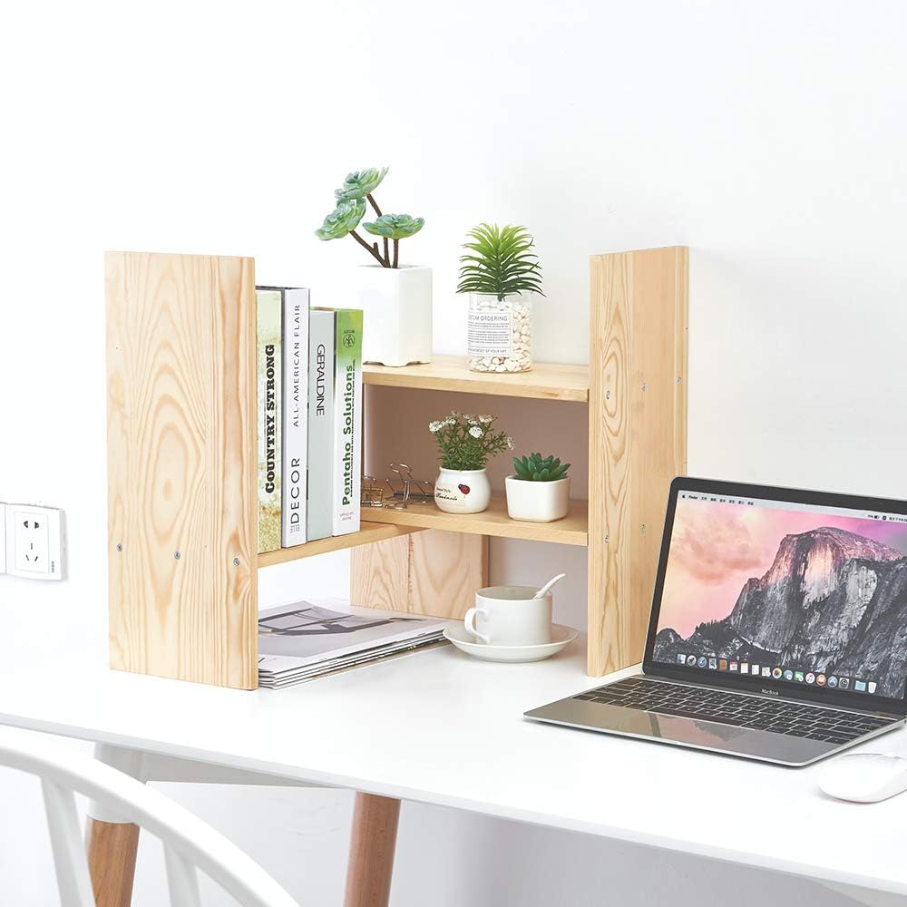 Liry Products Beige Adjustable Extendable Natural Wood Desktop Organizer Caddy Desk Organizer Countertop Shelf Bookcase Display Stand Rack Expandable Storage Office Home