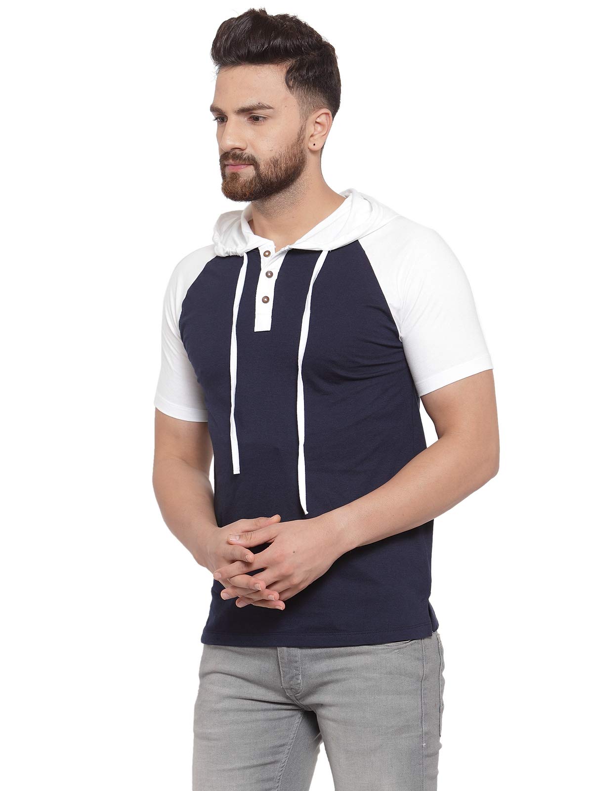kalt Men's Half Sleeves Dual Colour Cotton Blend Hoodie(Navy::White)-picture-10