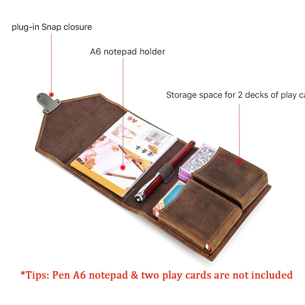 CONTACTS Custodia per carte da gioco in vera pelle con porta penna e blocco note per viaggi all'aperto, scatola per 2 mazzi di carte marrone organizer per 2 mazzi, set di punteggi