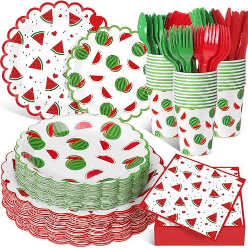 Funnymoom 400 Pcs Watermelon Birthday Party Supplies for 50 Guest Cute Summer Fruit Disposable Plates Napkin Cup Spoon Fork Knives for Outdoor Picnic Birthday Baby Bridal Shower Party Supplies