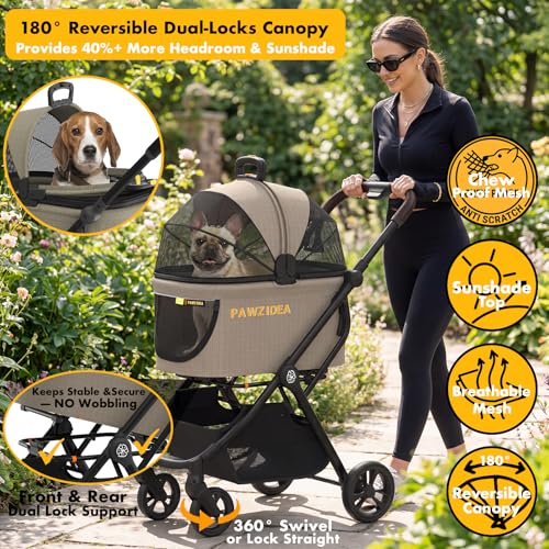 Image of PAWZIDEA 4-in-1 Pet Stroller with Detachable Carrier, Escape-Proof No-Zip Canopy, Lightweight Foldable Dog Stroller for Small Medium Dogs & Cats, Portable Travel Crate & Car Seat Combo, Storage Basket