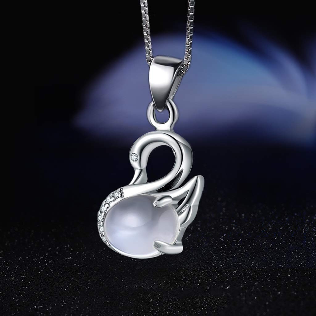 RWRAPS Quarz-Heilkristall-Halskette, natürliche Mondstein-Anhänger-Halskette, kleine Schwan-Halskette, Sterlingsilber – mit 45,7 cm Langer Halskette, Kristall-Punkt-Anhänger-Halskette