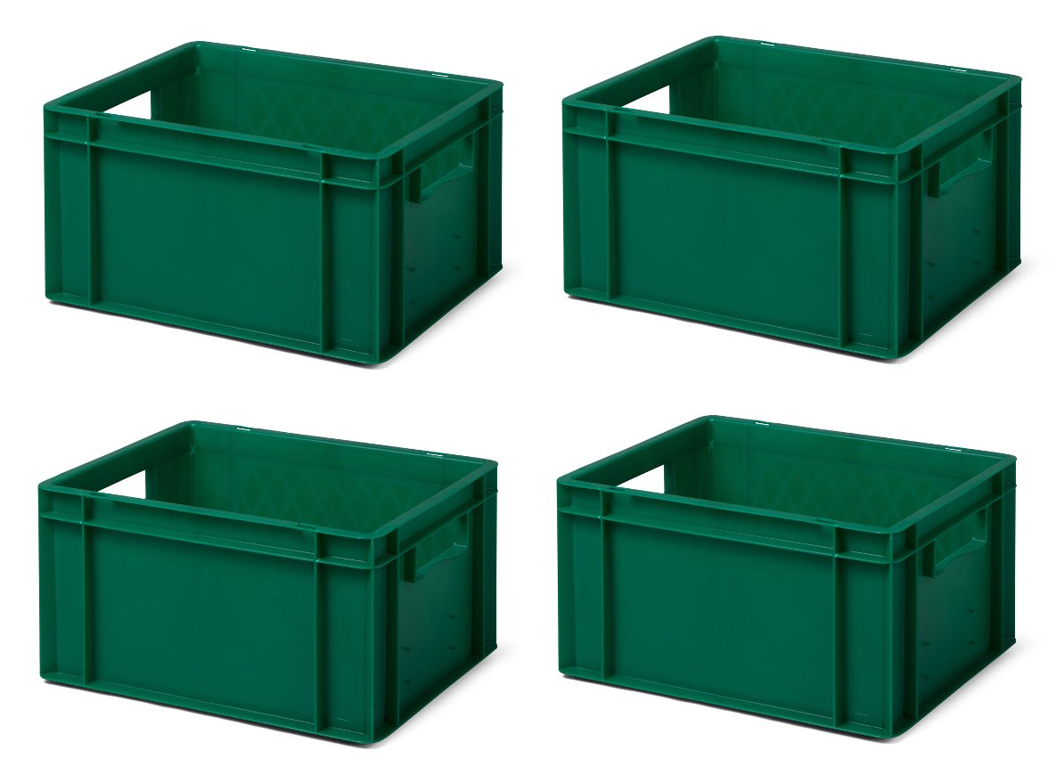 4 stk. Pudełko transportowe TK 400/210-0, zielone, 400 x 300 x 210 mm (dł. x szer. x wys.), z PP, pojemność 19 l, maksymalne obciążenie: 40 kg, do użytku spożywczego, wyprodukowano w Niemczech, jakość