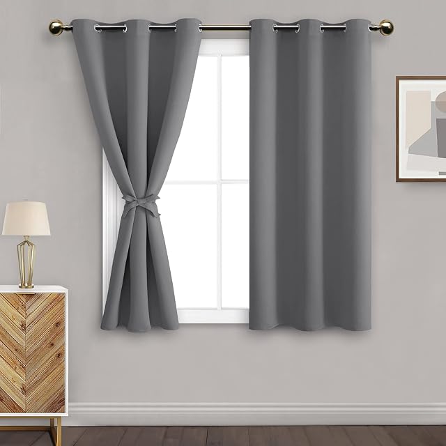 DWCN Grey Blackout Curtains with Tiebacks for Bedroom Thermal Insulated Solid Eyelet Curtains for Living Room,2 Panels,46" Wide x 54" Drop