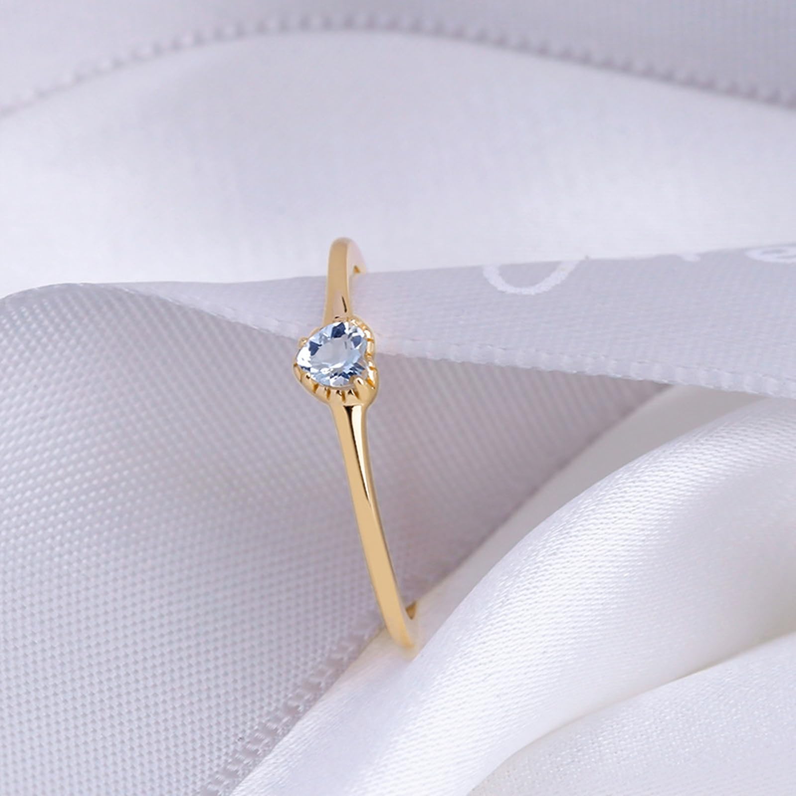 Anillo apilable fino de oro de 9 K/14 K/18 K, para mujer, corazón aguamarina, aguamarina, oro auténtico