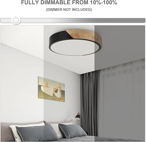 Miniatura 4 de Moderna lámpara de techo LED, luces de techo minimalistas de montaje empotrado negro y madera, iluminación de techo LED redonda regulable con
