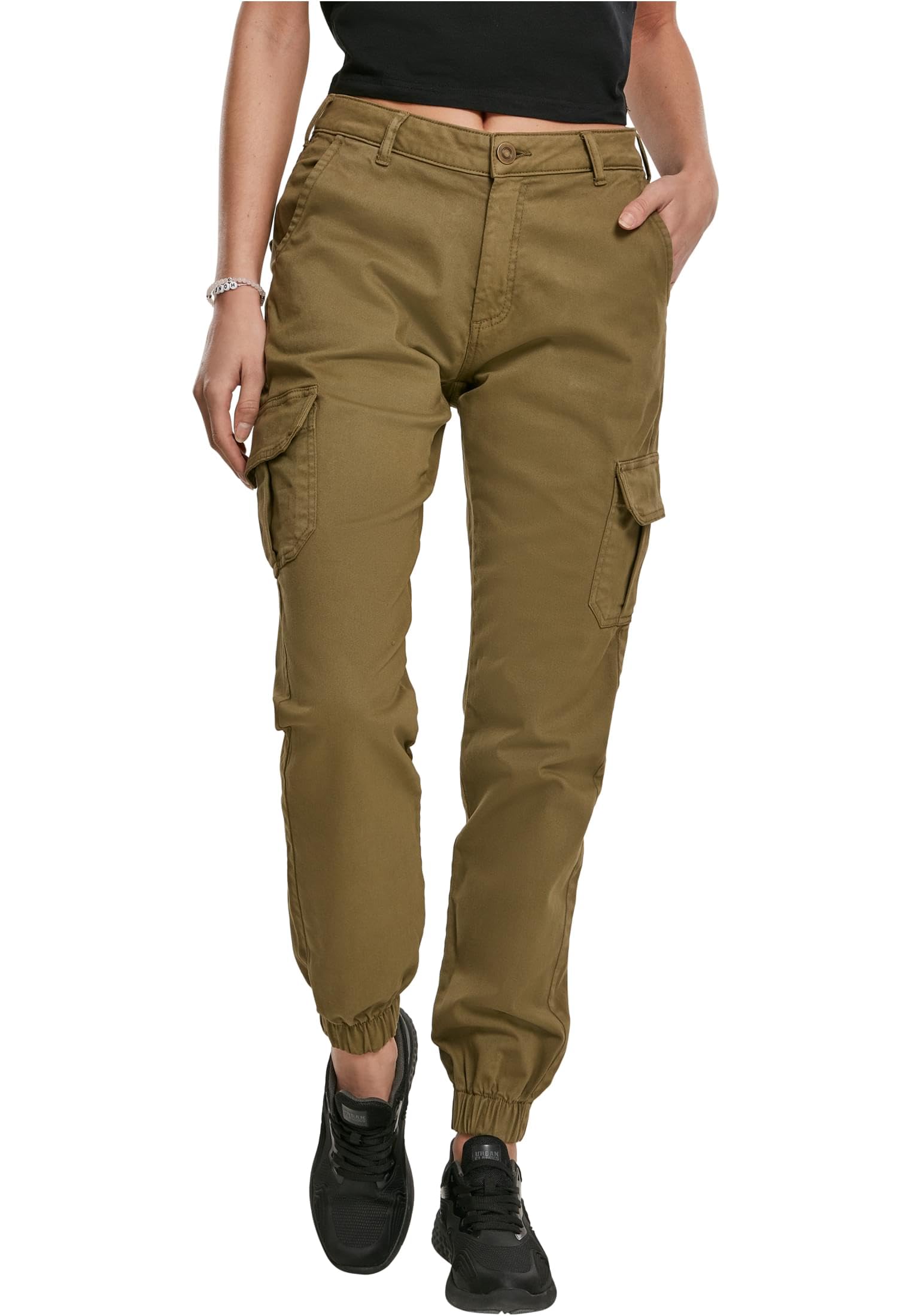 URBAN CLASSICS Combat Cargo Trousers for Women, Cargo Joggers Trousers for Women, Stretch Casual High-Waist Cargo Trousers, Combat Casual Trousers, Colour: Summerolive, Size: 27
