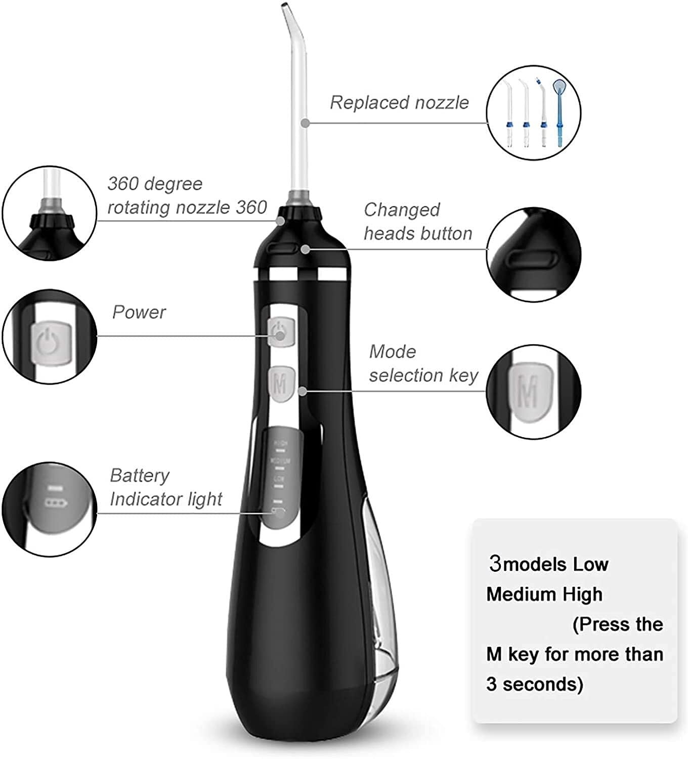 GeRRiT Irrigatore orale dentale portatile Water Flosser con 3 modalità, 4 punte a getto sostituibili, detergente for denti impermeabile ricaricabile for casa e viaggio - Serbatoio rimovibile da 200 ml