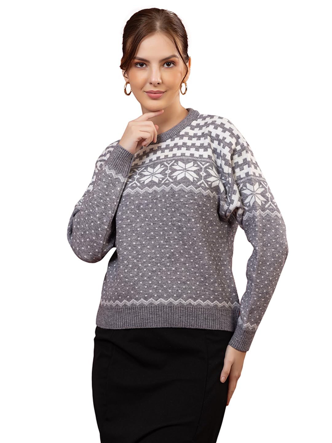 Women’s Wool Winter Sweater | Crew Neck Long Sleeve Knit Pullover with Snowflake & Geometric Pattern | Stylish Regular Fit for Casual, Office & Outdoor Wear-image-17