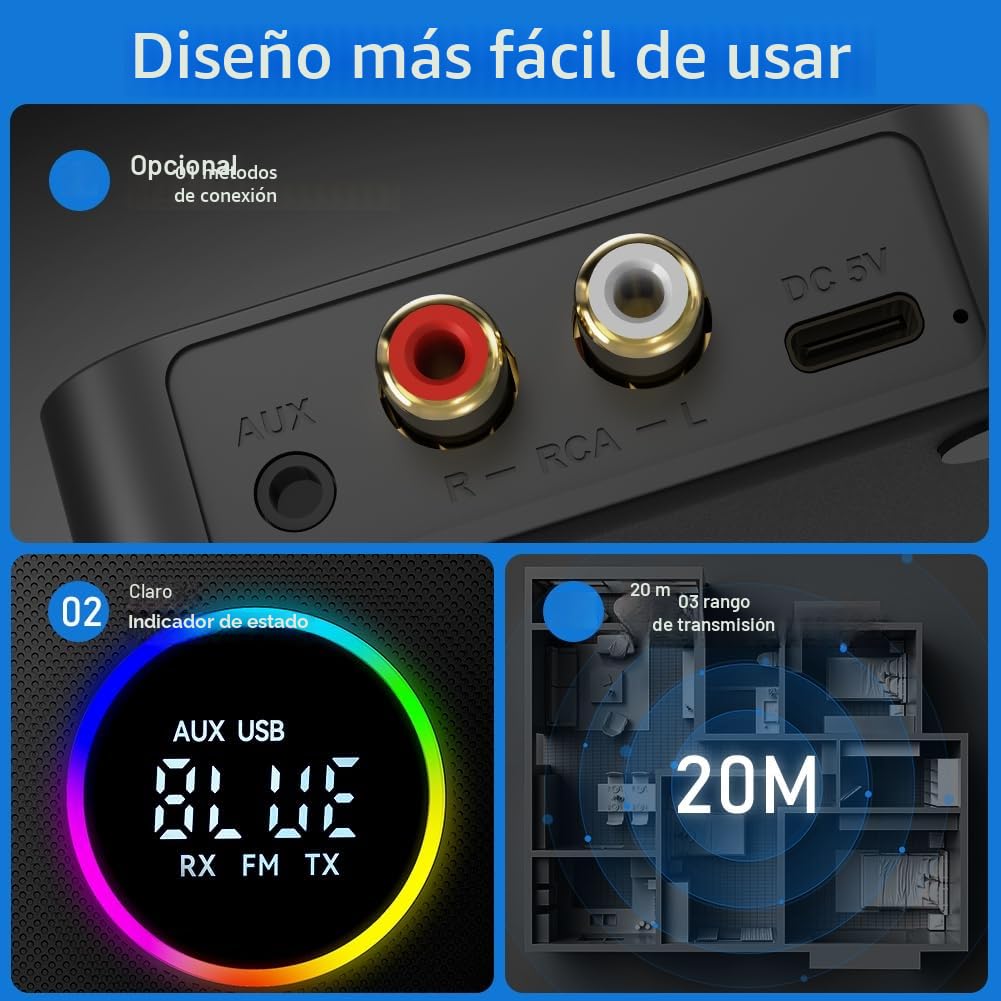 AXFEE USB Bluetooth 5.4 HiFi Receptor y Transmisor Adaptador 2 en 1, Salidas 3.5mm Jack y RCA,con Modo de Graves, para Estéreo/Altavoz/Teléfono/PC/Tableta/Portátil