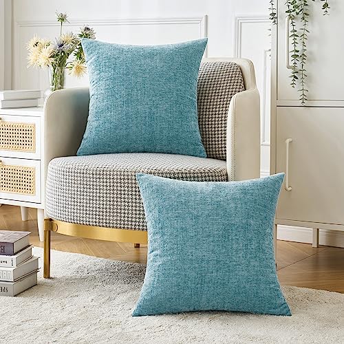 Image of MIULEE Pack of 2 Smoke Blue Throw Pillow Covers 16x16 Inch Soft Chenille Pillow Covers for Sofa Living Room Couch Solid Dyed Cases