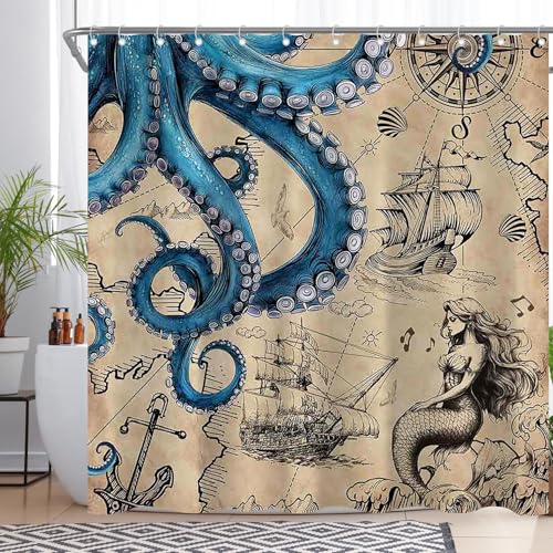 Swepuck Vintage Brown Octopus Shower Curtain for Bathroom Sailboat Ocean Blue Kraken Anchor Coastal Map Home Decorations Sets with 12 Hooks Waterproof Polyester 72