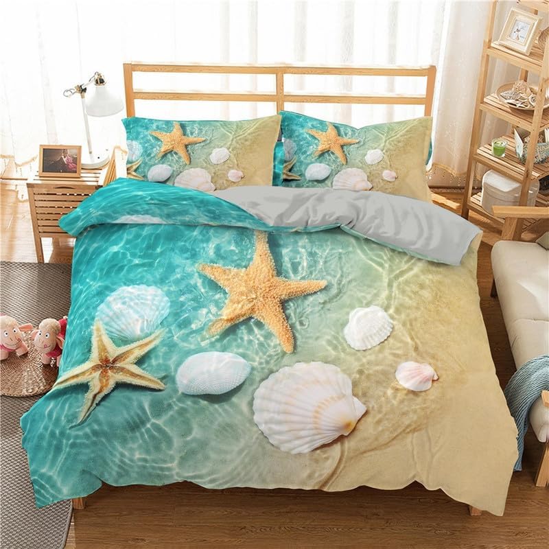 Qiwagu Housse de Couette 220x240 éToile de Mer Coquillage, Parure de Lit 2 Personnes, Housse Couette 220x240 Imprimée OcéAn, Ensemble de Literie Ultra Doux...