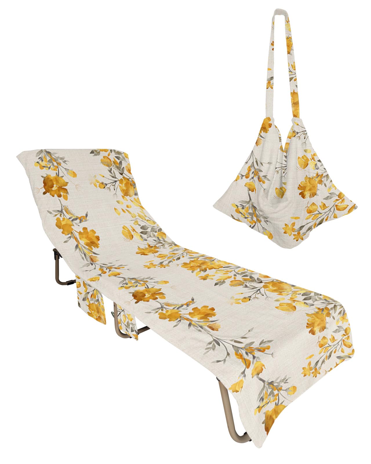 Beach Pool Patio Lounge Chaise Chair Cover Towel with Pockets, Retro Fall Floral Absorbent & Quick Dry Microfiber Towel Cover Bag Summer Travel Accessories for Sunbathing Farmhouse Autumn Leaves