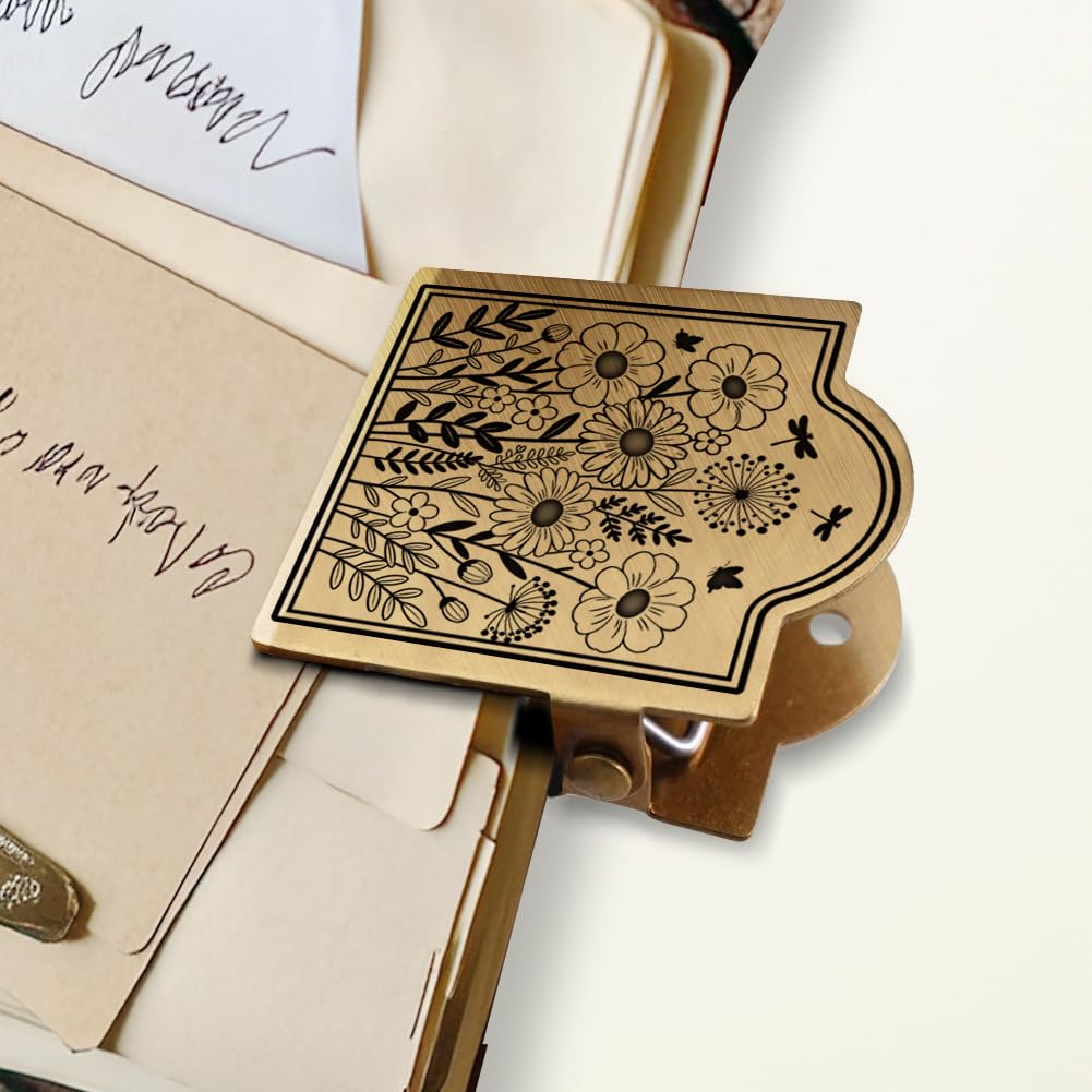 ANATTASOUL Brass Travel Notebook Journal Clip Wildflower Book Binder Clips Metal Vintage, 1.8"x1.6" Decorative Heavy Duty Gold Page Holder Clamps for Book, Paper, Bookmark, Accessories, Gifts