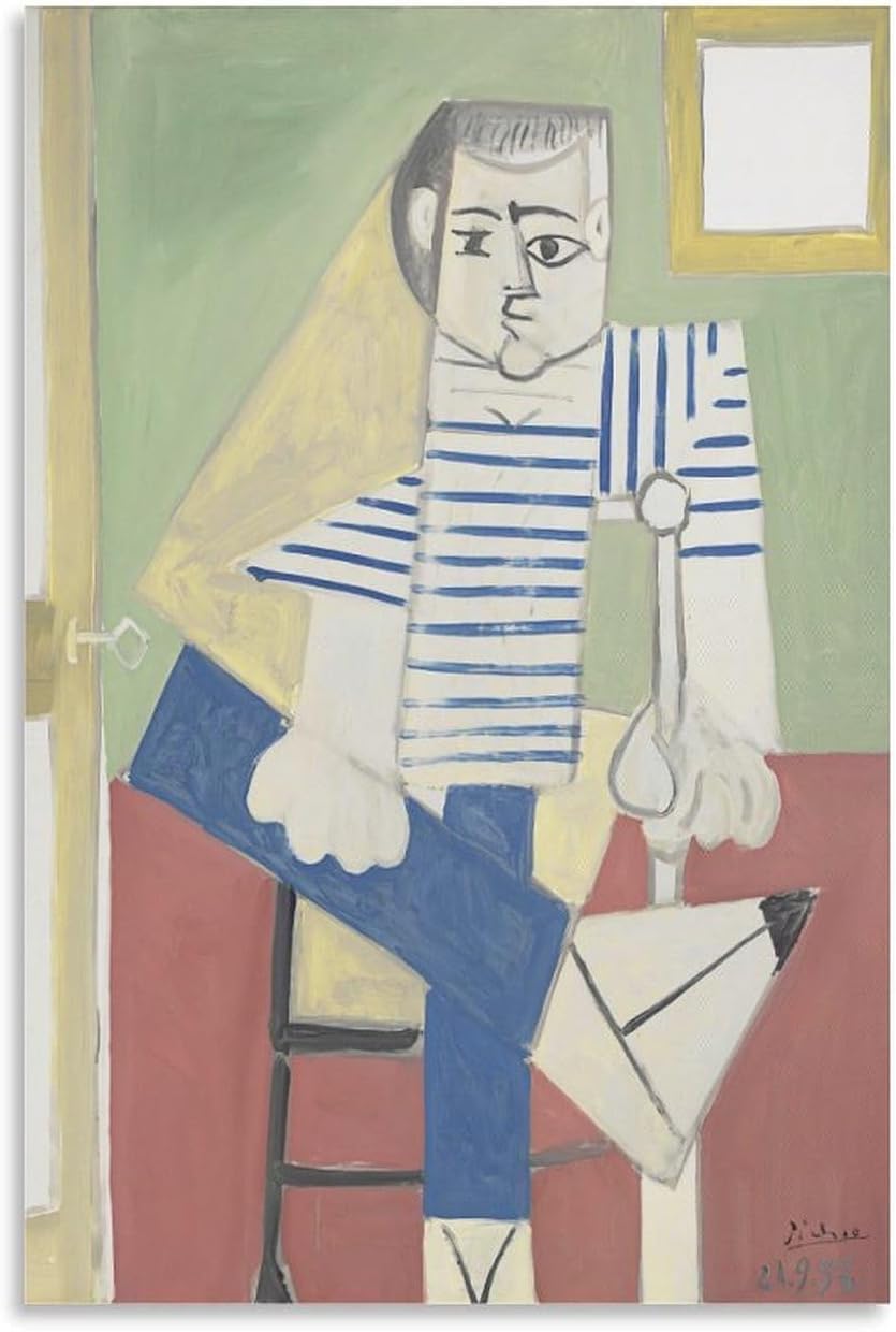 QSDTGHUIKP Man Sitting on A Chair by Pablo Picasso Poster and Prints Abstract Canvas Painting Picasso Wall Art for Room Picture Decor 16x24inx1 Frameless