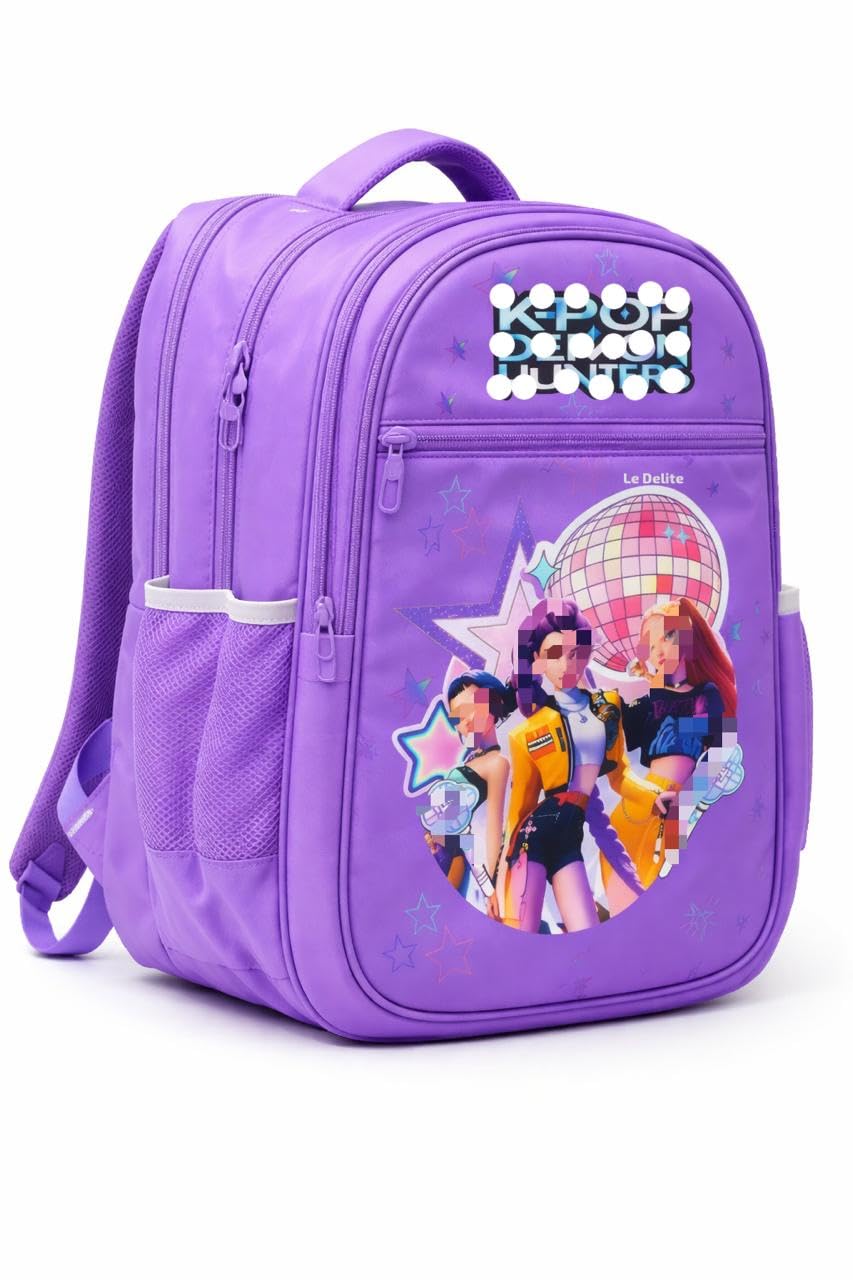 Purple Printed School Backpack for Girls & Teens – 18 Inch Large Capacity Bag with 3 Compartments, Front Pocket & Dual Bottle Holders, Stylish Travel, Tuition & Picnic Backpack-image-4