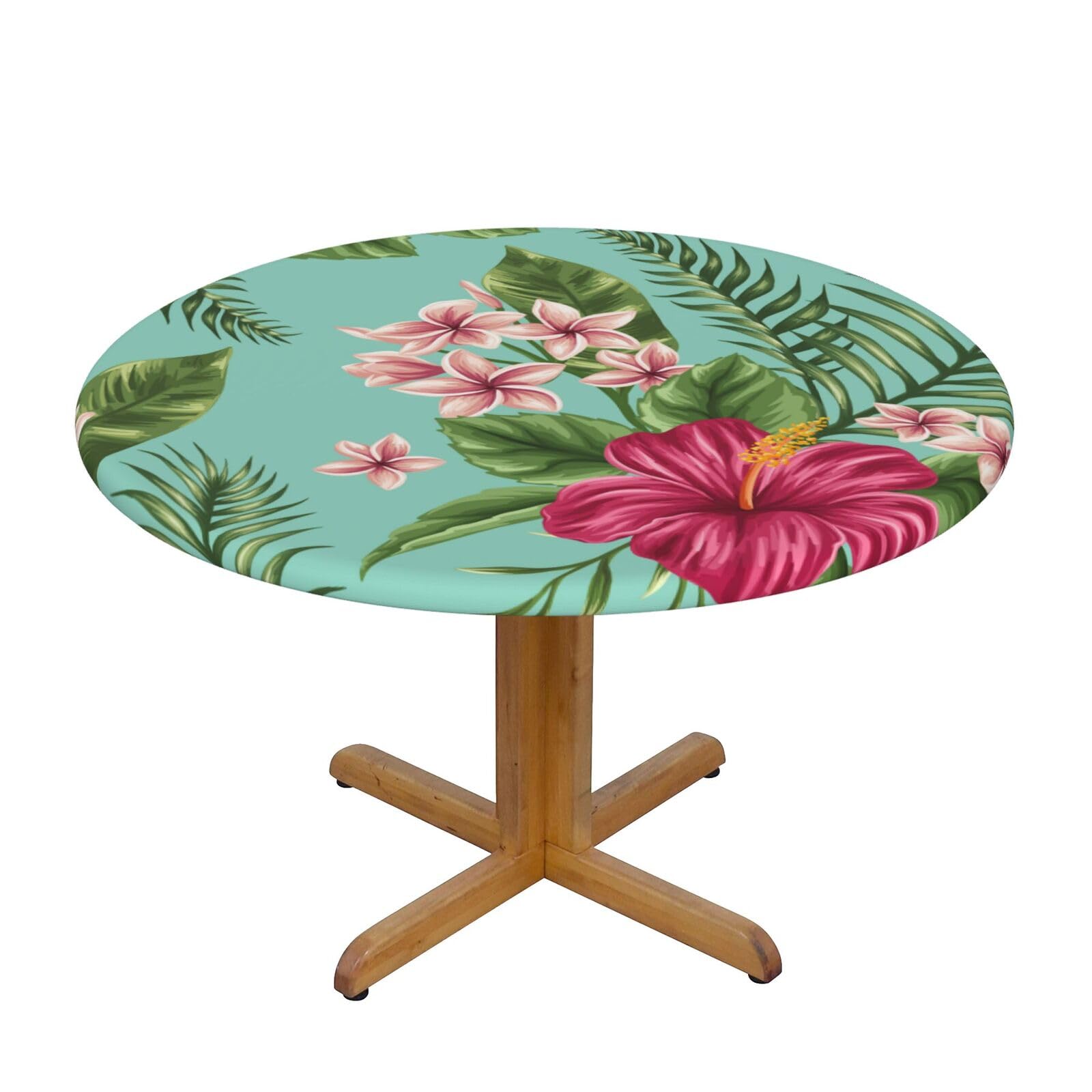 Ffshkowe Hawaiian Tropical Leaves Flowers Elastic Round Tablecloth Oil Proof Table Cover For Dining Party Picnic