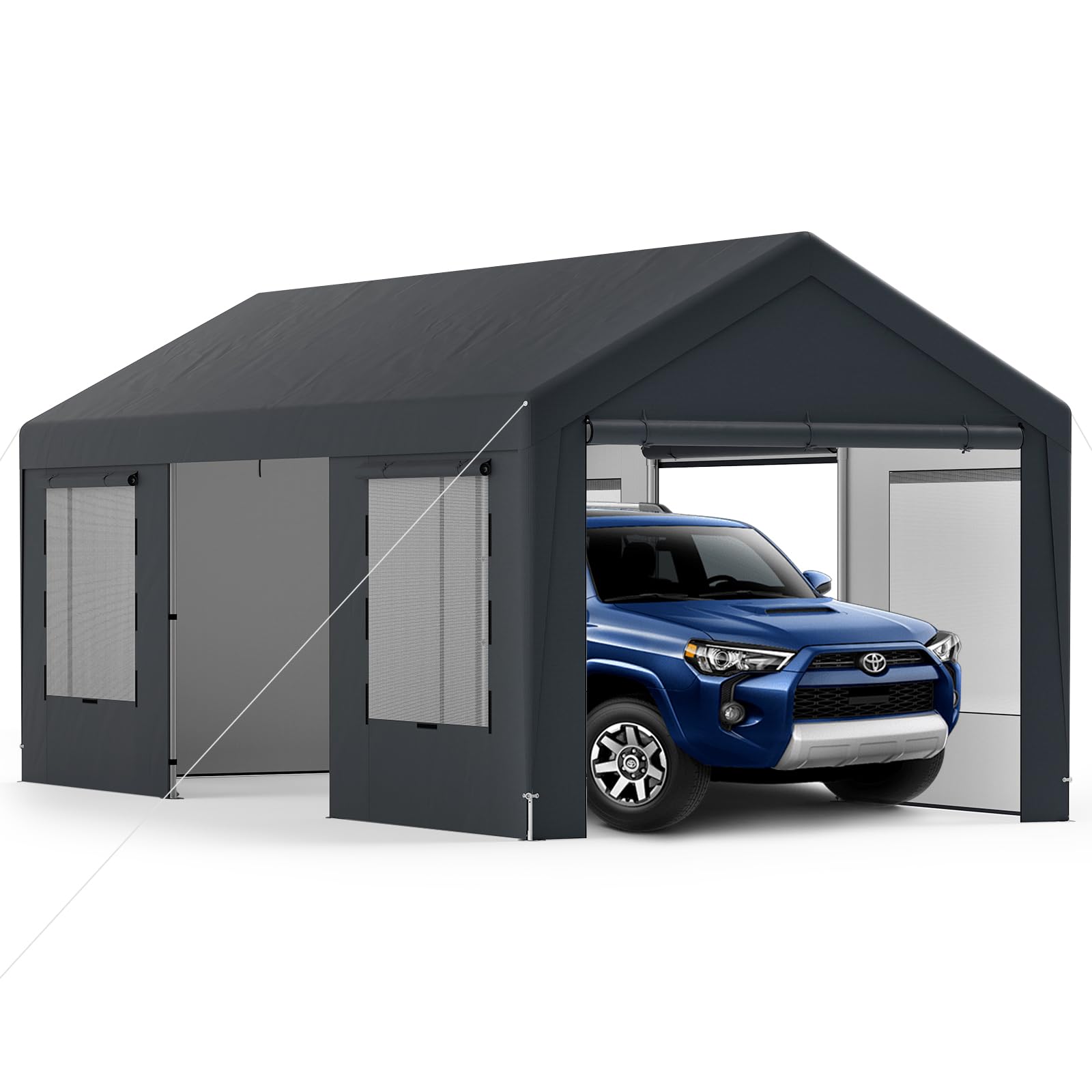 SOARS Carpa de Garaje 300 x 595 x 280, Tienda de campaña con 8 Paredes Laterales extraíbles, Marco de Metal, Paneles de Ventanas de Polietileno, Puertas enrollables, Refugio para Garaje, Incluye