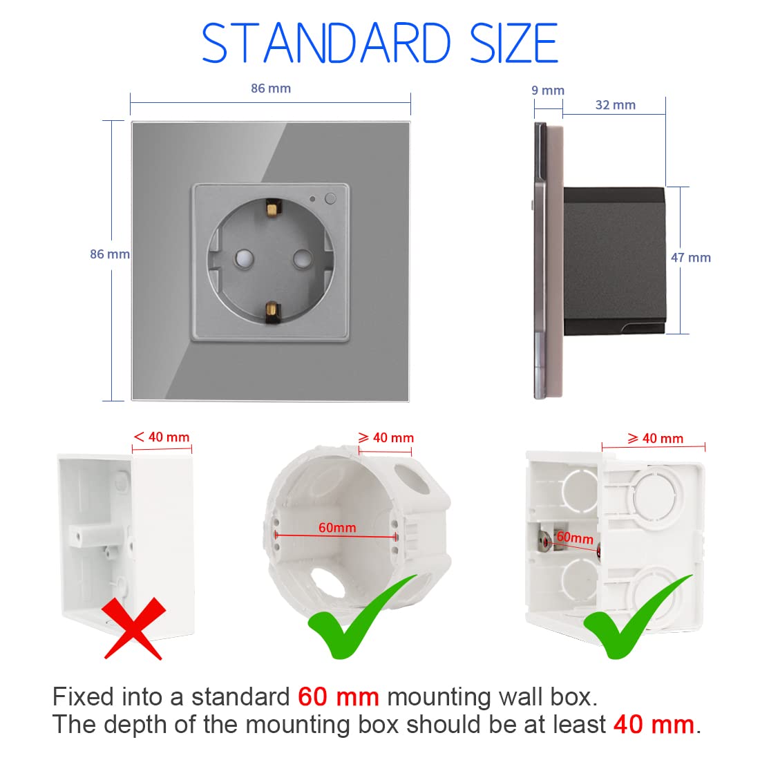 CNBINGO WLAN Schuko Socket Flush, 16 Amp en verre Smart Socket compatible avec Amazon Alexa (Echo, Echo Dot), Google Home, Contrôle de l'application, seulement 2,4 GHz WiFi, 1 voies, Gris, 2 pièce