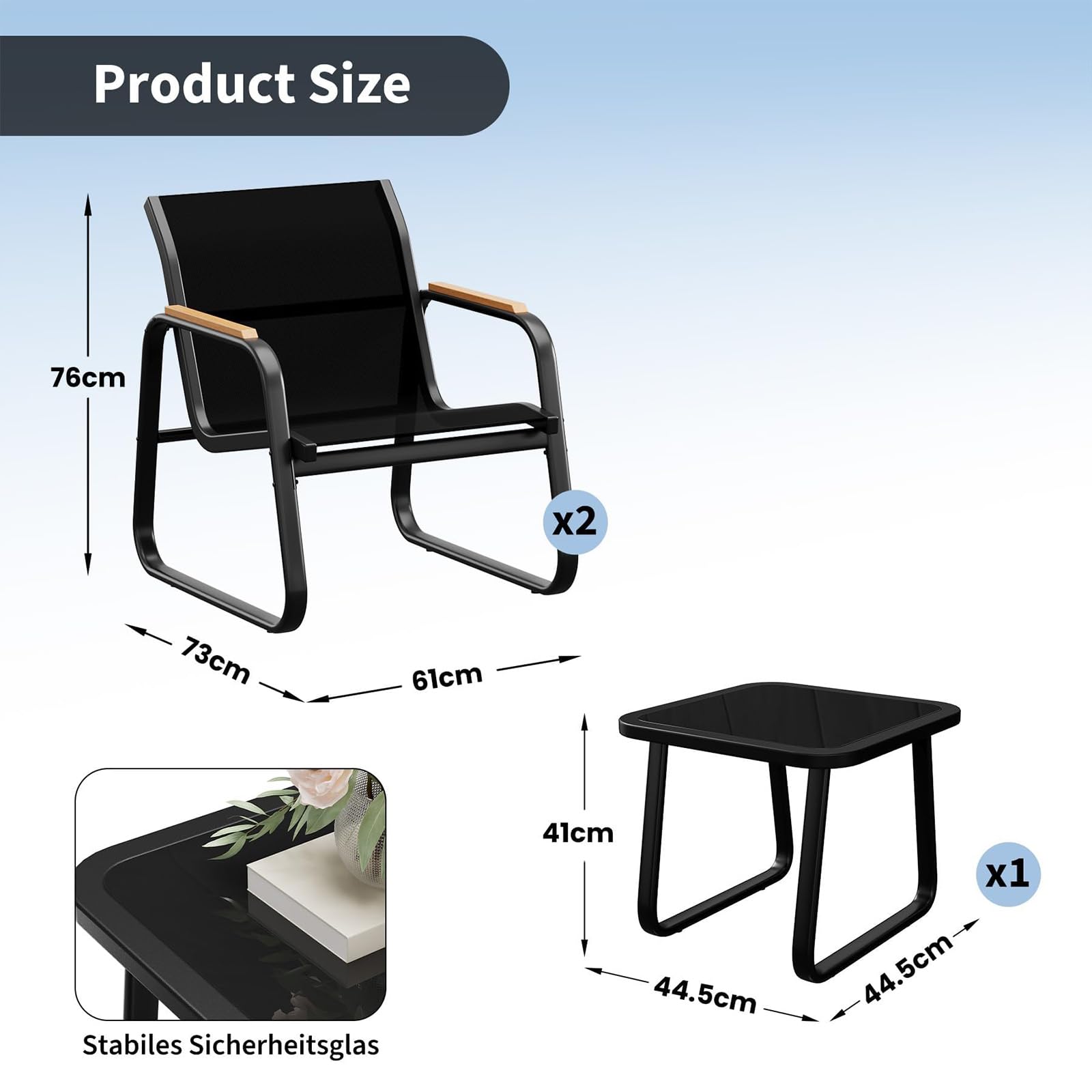 Garvee 3-teiliges Balkonmöbel Set für 2 Personen, moderne Gartenmöbel Sitzgruppe mit Stahlrahmen, Glastisch und Armlehnen in Holzoptik, pflegeleichtes Lounge Set für Balkon,Terrasse und Garten,Schwarz