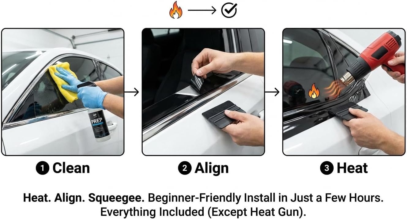 Fit for 2018-2025 Volkswagen Atlas Side Window Chrome Delete Trim Overlay Kit with Gloss Black Blackout Film