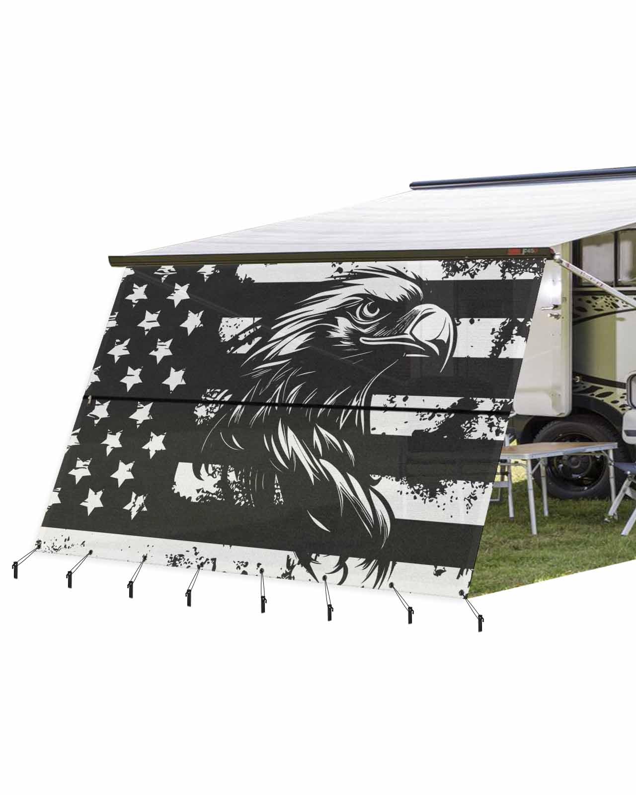 RV Awning Sun Shade Screen 9' x 15'3", Black Eagle 4th of July Mesh RV Awning Shades Complete Kits, Independence Day American Flag Sunlight Blocker Outdoor Canopy for Camping Trailer