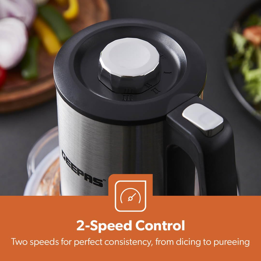 Geepas 400W Mini keukenmachine - 500 ml voedselhakker, 4 tweevoudig roestvrij staal dubbele messen voor mengen en hakken - perfect voor salades Salsa Pesto Curry Pastes & meer - 2 jaar garantie