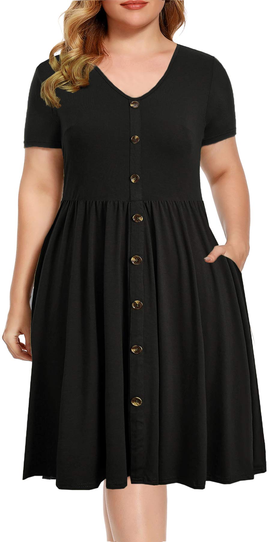 BEDOAR Women's Casual Plus Size Dress V-Neck Knee-Length A-Line Party Cocktail Swing Dress with Pockets