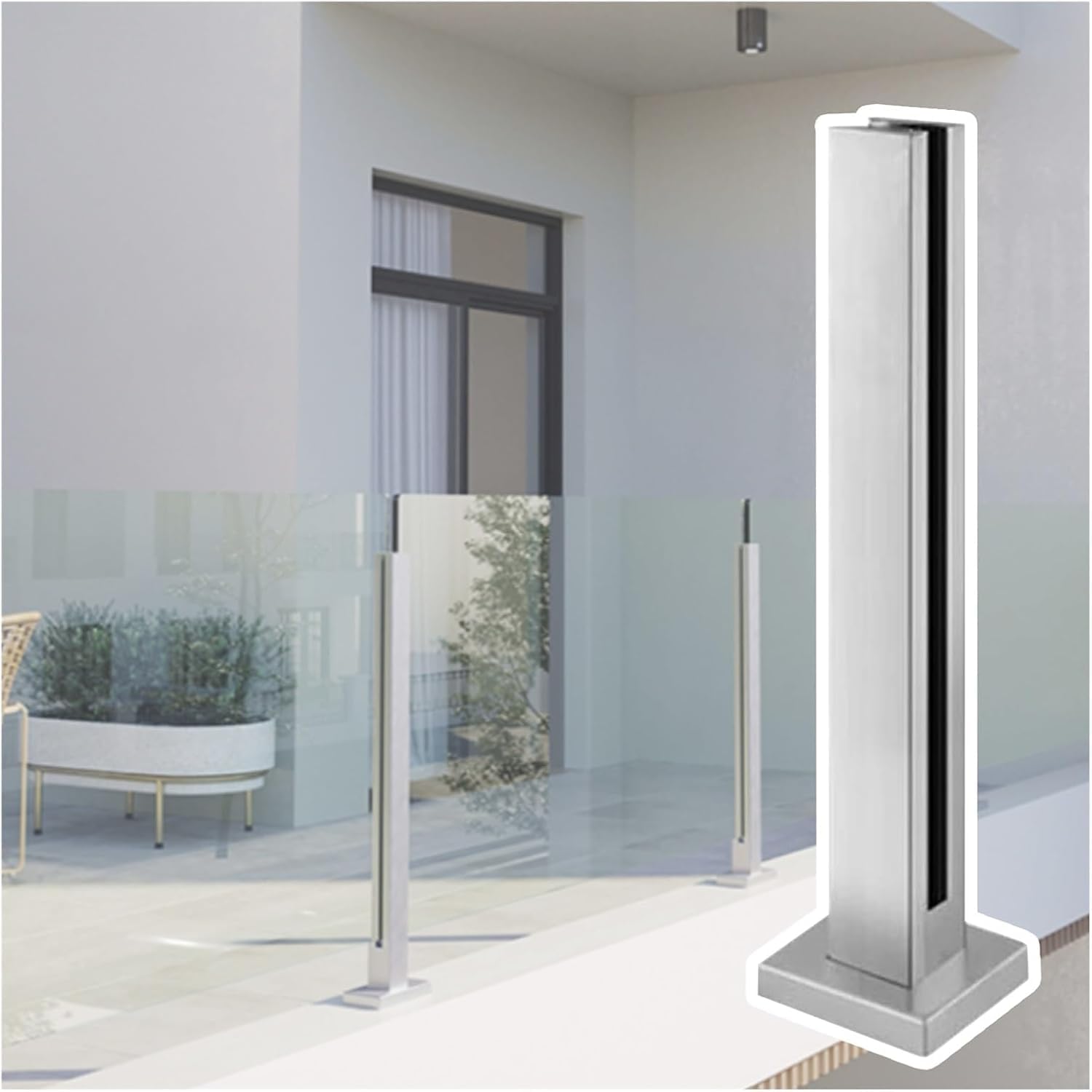 Poste de barandilla de vidrio para escaleras modernas y diseño de interiores en acabado plateado