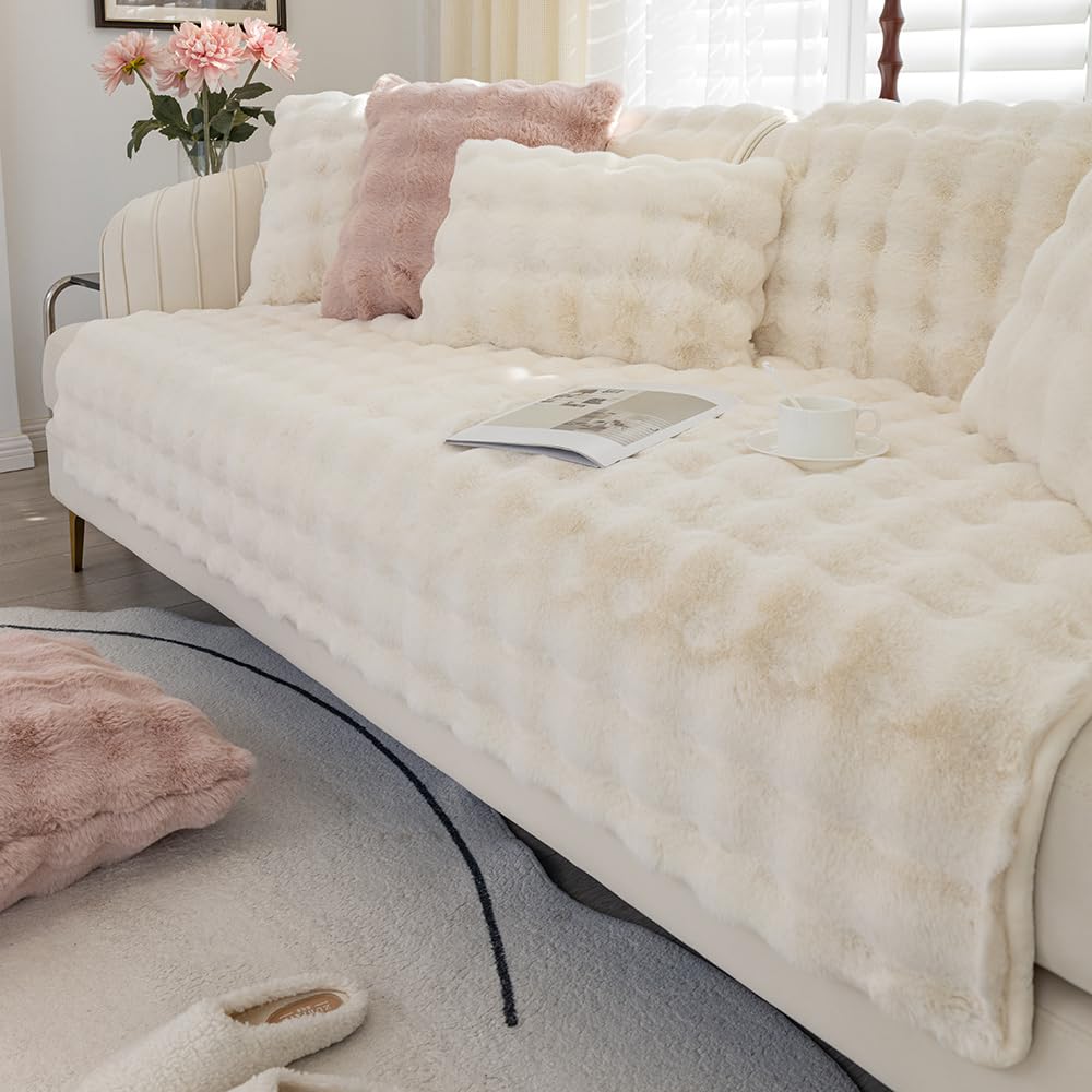 CANYUE Thick Rabbit Plush Sofa Covers, Non-Slip Sofa Slipcovers, Furniture Protector Sofa Covers for 3 Cushion Couch Loveseat Recliner L Shaped Armrest Backrest (white,90x180cm)