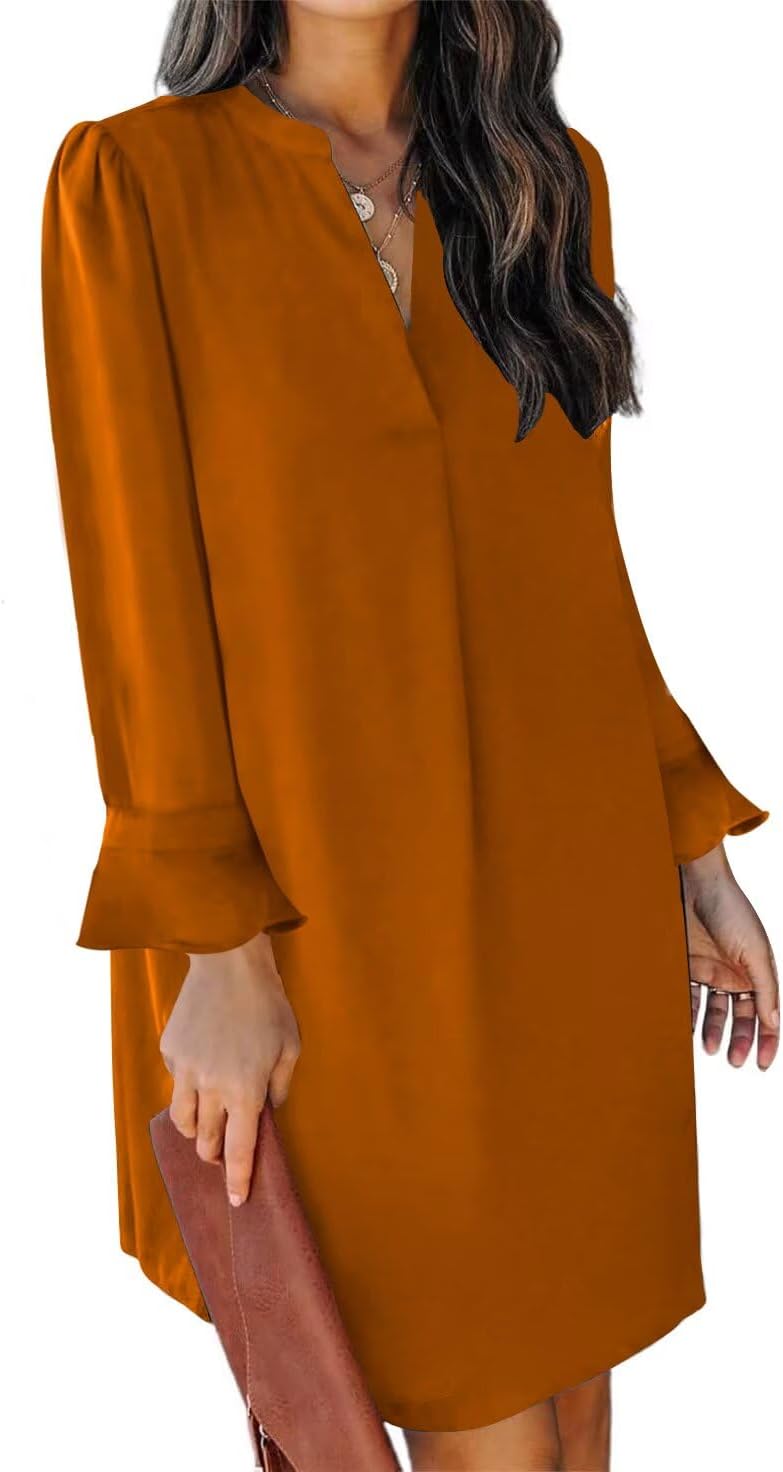 QACOHU Fall Dresses for Women 2026 Casual V Neck Long Sleeves Flowy Mini Tunic Dress
