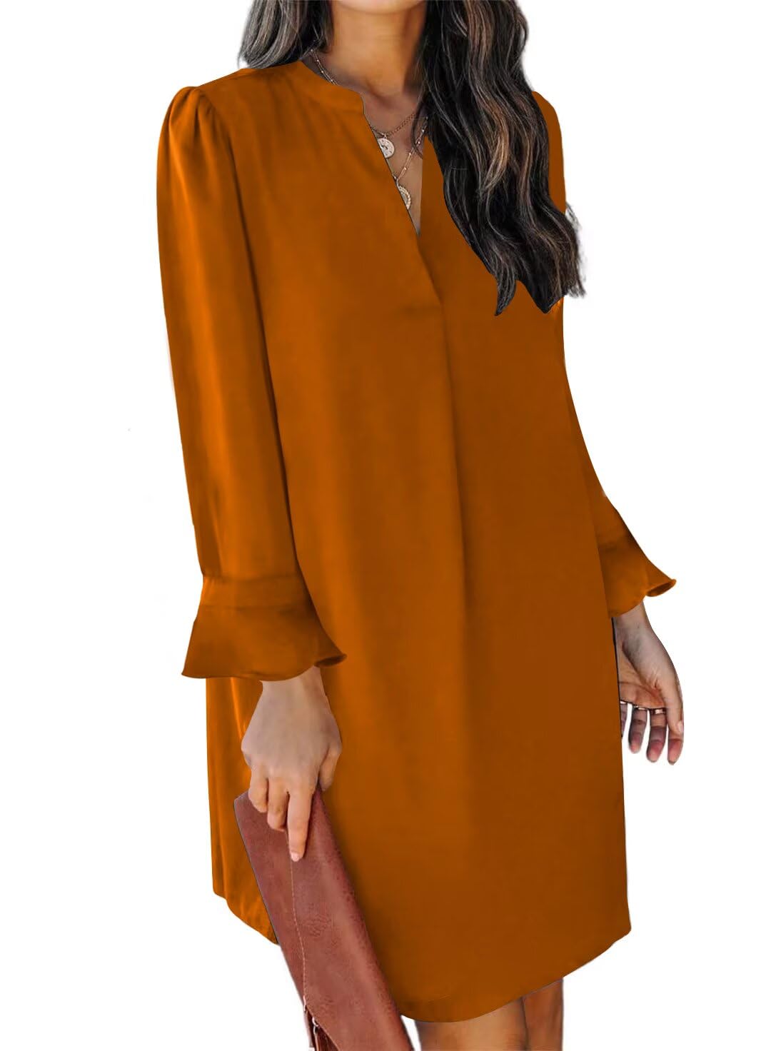 QACOHU Women's Fall Long Ruffle Sleeve V Neck Shift Dresses