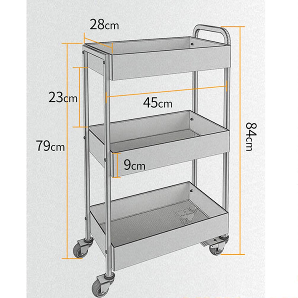 ZYFA Carrello Cucina a 3 Piani Servizio,con Rotelle Bloccabili, Scaffale Portaoggetti Mobile in Acciaio,Carrello Portaoggetti Multiuso, Carrello Salvaspazio, Scaffale Rete Metallica Contenitori