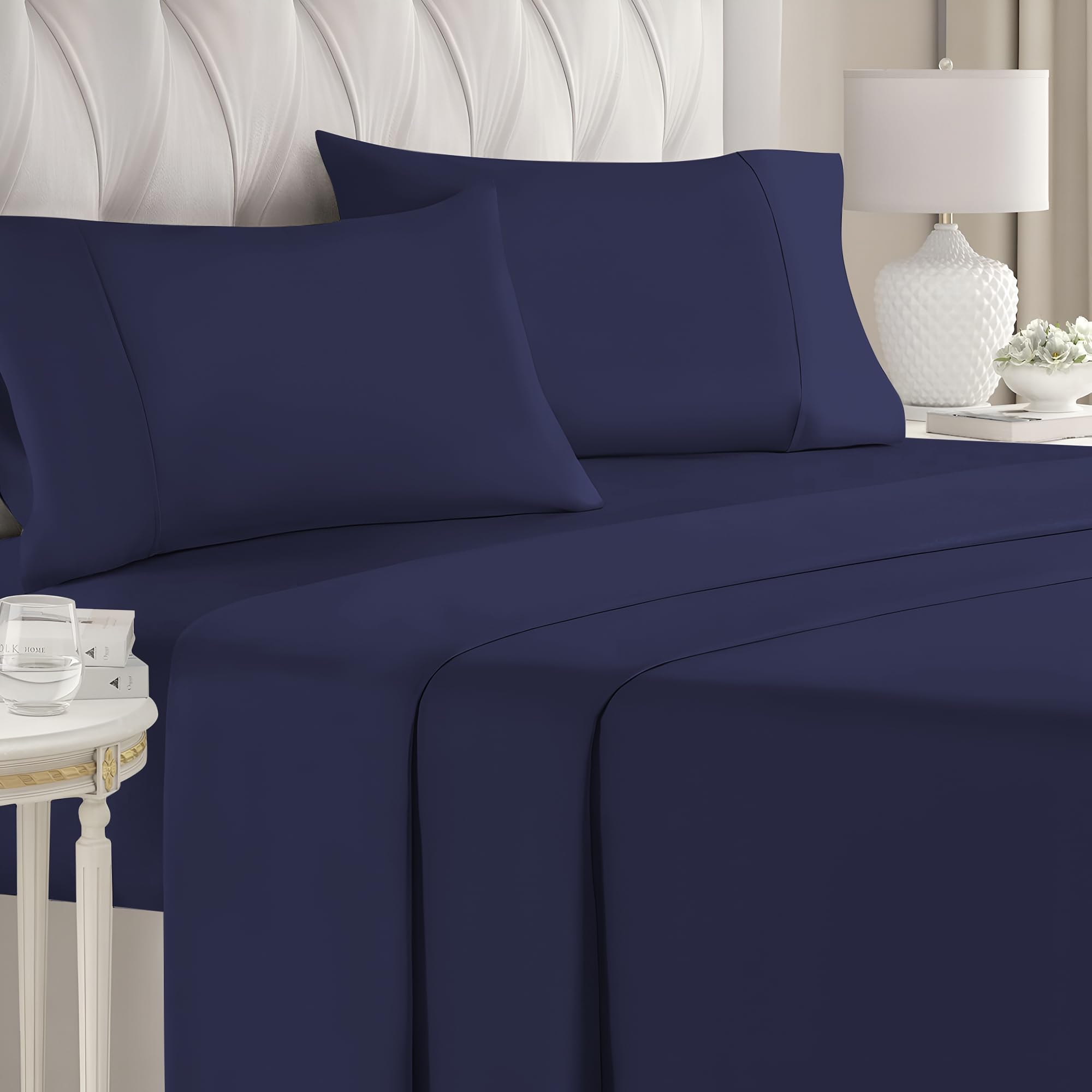Hafaa Flat Sheet 100% Egyptian Cotton Bed Sheets 200 Thread Count Super Soft & Breathable Hotel Quality Bed Sheet - Wrinkle & Shrinkage Resistant (Navy, Double)