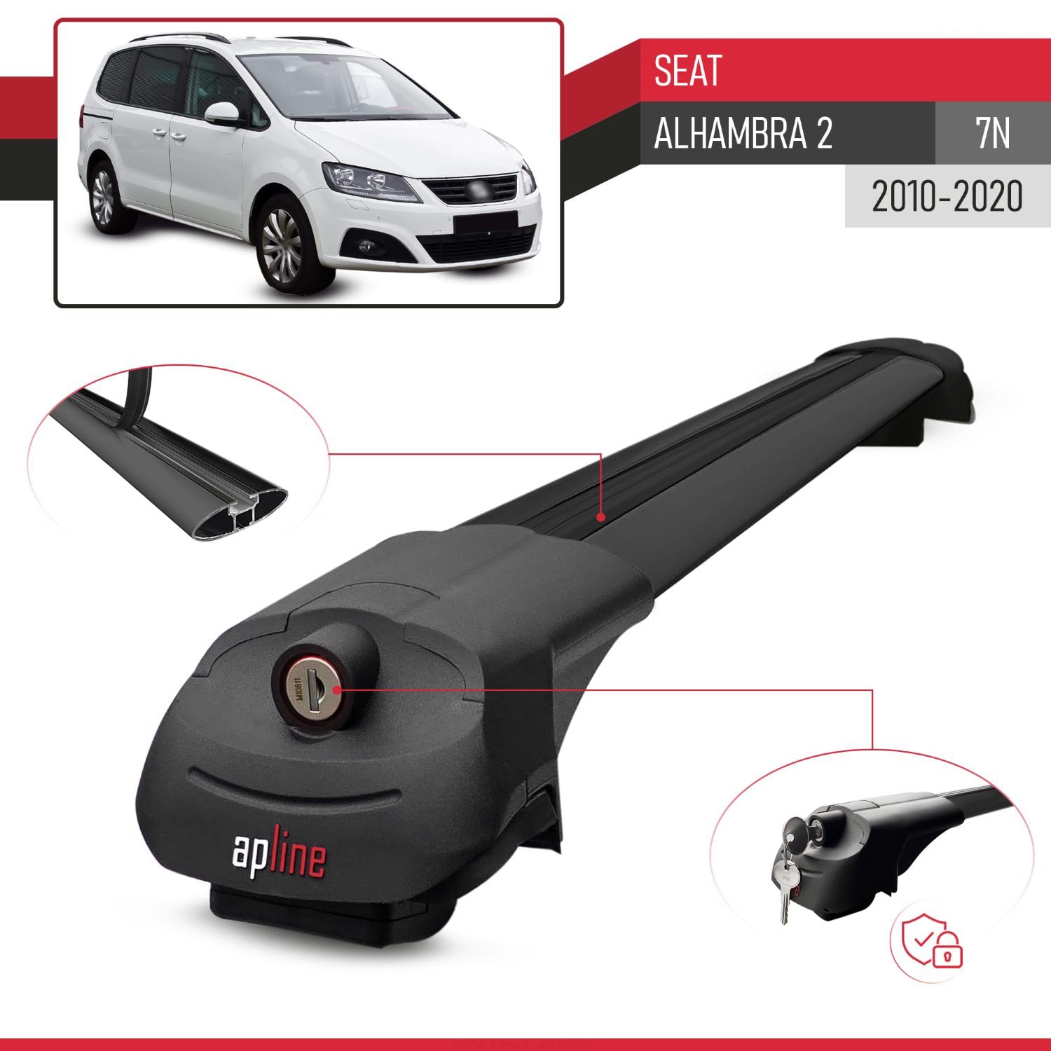 Kompatybilny z Seat Alhambra 2 (7N) 2010-2020 ACE-1 Aluminiowy bagażnik dachowy – 2 poprzeczki, czarne