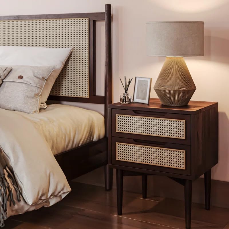 Image of MISAN Boston Solid Wood Bedside Table with Rattan Drawers Mid Century Night Stand for Living Room, Bedroom (Y-Walnut)